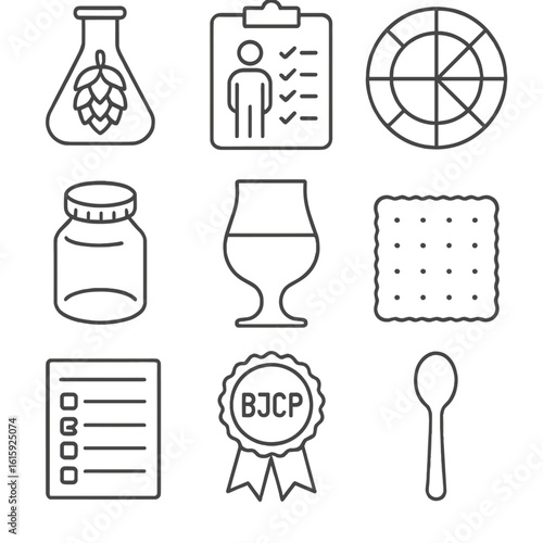 Craft Beer Icons. Outline style icons of Craft beer: hop aroma flask, sensory panel clipboard, flavor wheel poster, sniff jar lid,