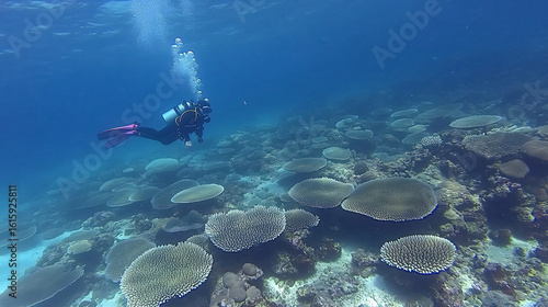 Peaceful individual snoring blissfully above a colorful coral reef teeming with marine life