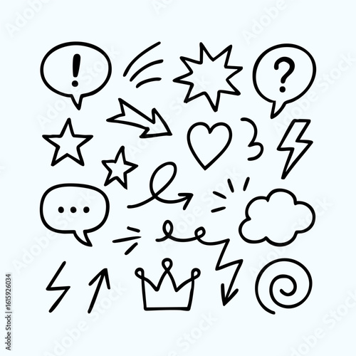 Set of hand-drawn comic doodle elements. Pop art speech bubbles, arrows and symbols.
