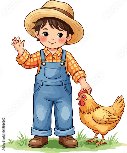 Cute cartoon farmer kid with chicken. Watercolor style. Cartoon character illustration.
