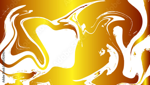 Abstract luxurious fluid background with golden metallic marbling blended with glossy white and deep bronze tones. Dynamic, wavy, and irregular swirling shapes, mimicking the texture of liquid gold.