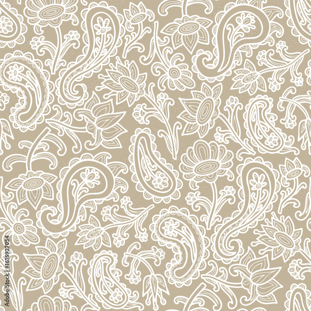 Fototapeta premium Paisley floral pattern, abstraction, swirl flowers, white and beige colors. Seamless floral pattern-811.