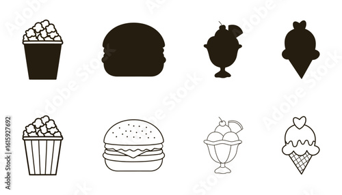Collection of black and white icons representing fast food and desserts