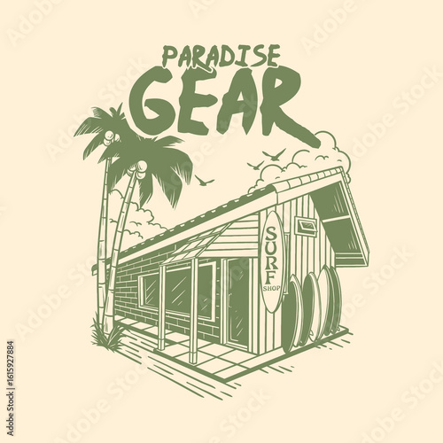 PARADISE GEAR SURF SHOP vector vintage surf logo design and illustration template for surf club and surf merch