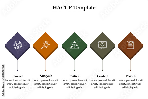 HACCP - Hazard, Analysis, Critical, Control, Points. Infographic template with icons and description placeholder