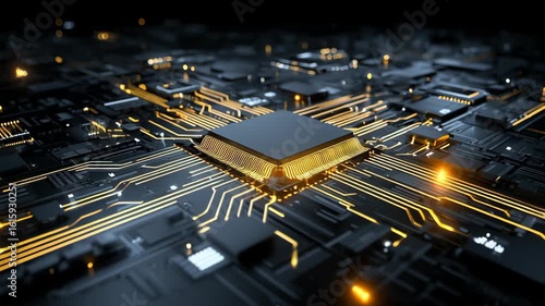 Futuristic Circuit Board Design with Glowing Gold Lines and Central Processor in High-Tech Environment