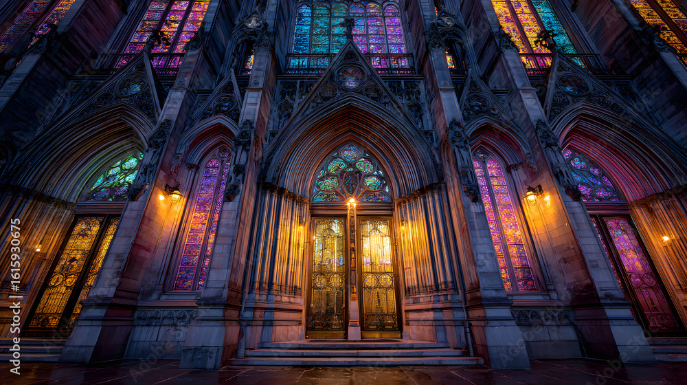 Fototapeta premium Gothic Cathedral Facade With Colorful Illuminated Windows and Doors