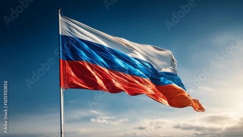 Russian Flag Fluttering in the Breeze Under Bright Blue Sky at Sunset