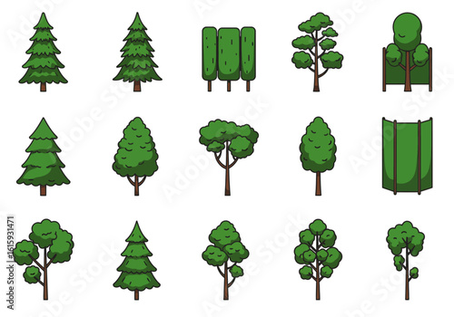 15 cartoon trees on a white background Variety of shapes shades of green and a few are framed