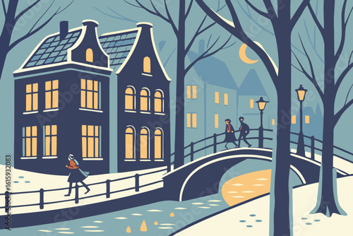 Observe a winter scene in the Netherlands with frozen canals, ice skaters, and warm lights glowing from houses in modern flat illustration style.
