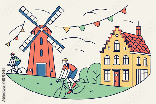 Join a cycling event through historic towns of the Netherlands with cheering spectators and flags in modern flat illustration style.