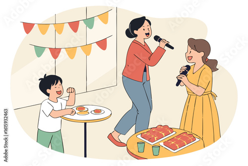 Karaoke family reunion in the Philippines with lumpia platters and endless song queues, modern flat illustration style