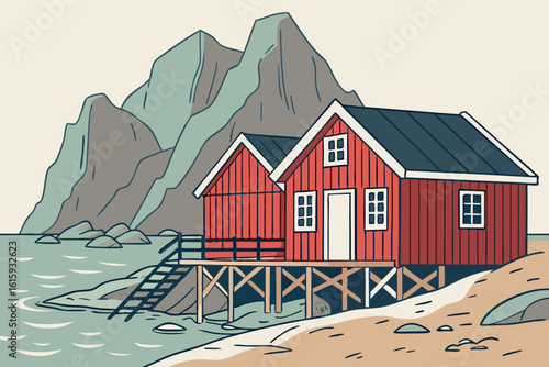 Lofoten fishing village in Norway with red rorbuer on stilts and drying stockfish racks, modern flat illustration style