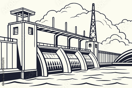 Marvel at the Delta Works in the Netherlands with massive engineering structures, waves, and sky in modern flat illustration style.