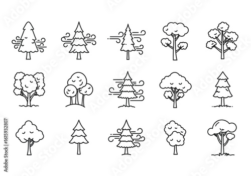 An array of tree icons showcasing conifers and deciduous types with wind depicted in some
