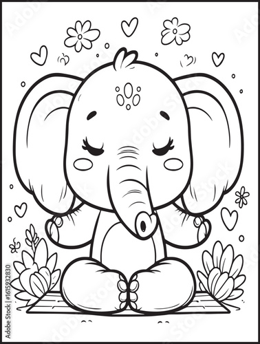 Animal-themed coloring page for kids and adults: Animal doing yoga: Yogi elephant practicing yoga