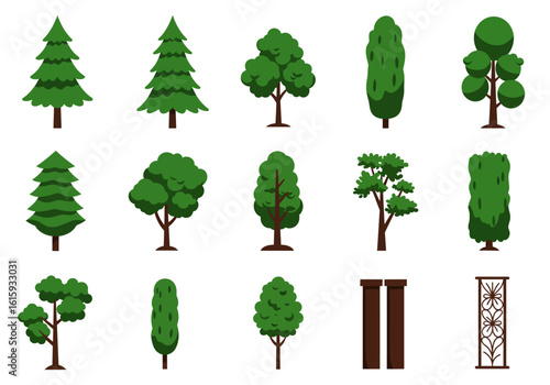 Assorted cartoon trees bushes gate and fence in green and brown colors on a white background