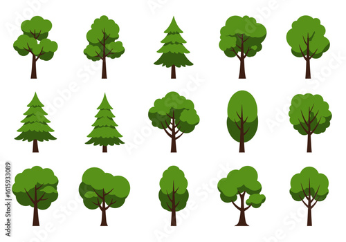 Assorted cartoon trees varied shapes and sizes green crowns brown trunks simple design