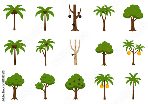 Cartoon trees are arrayed on a white background
