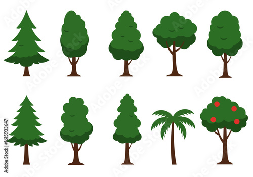 Cartoon trees on a white background arranged in two rows