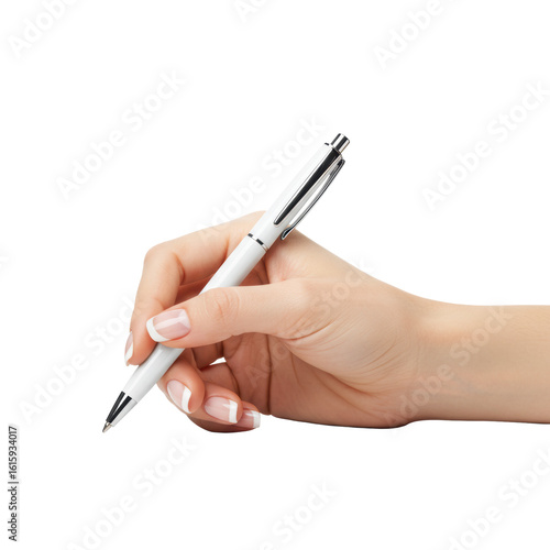 Fair-skinned woman's hand with French tip manicure gently grasping a modern white ballpoint pen, poised to write, isolated on a transparent studio background with copy space, high-key lighting.
