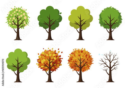 Eight trees are depicted symbolizing different seasons showing variations in foliage and color