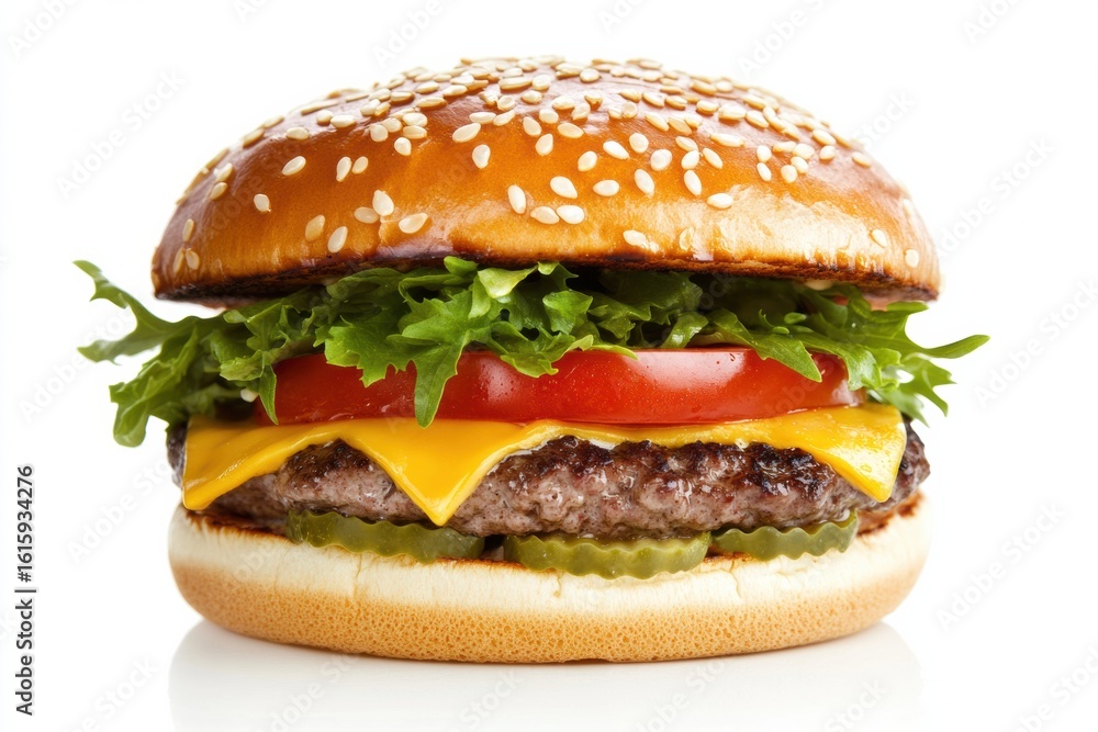 A juicy cheeseburger with lettuce, tomato, pickles, and a sesame seed bun, displayed against a white background. A juicy cheeseburger with lettuce, tomato, pickles, and a sesame seed bun, displayed against a white background.