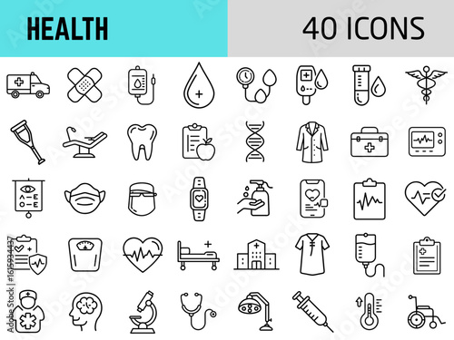 Health icon set with medical symbols and healthcare illustrations  