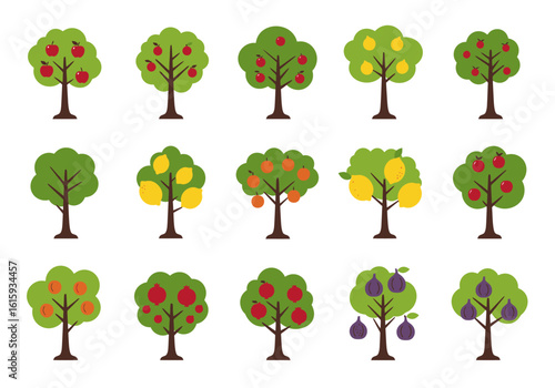 Fifteen cartoonstyle fruit trees bearing apples lemons oranges pomegranates and figs against a white background