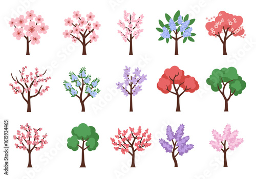 Fifteen cartoon trees with varied leaves some flowering arranged in a grid pattern