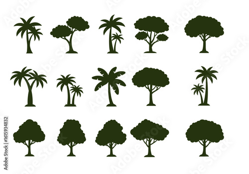 Fifteen silhouette trees in three rows featuring varied species and shapes against a white background