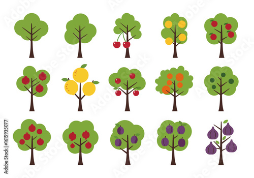 Fifteen stylized trees bearing various fruits arranged in three rows