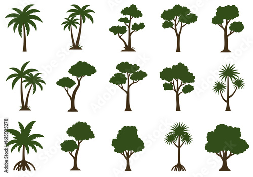 Fifteen trees in a grid varied species and shapes all dark green silhouettes against a white background