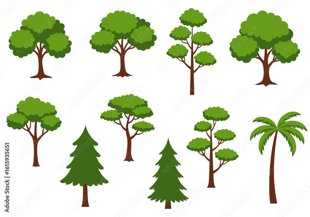 Fototapeta premium Isolated clipart of assorted trees with green foliage and brown trunks on a white background