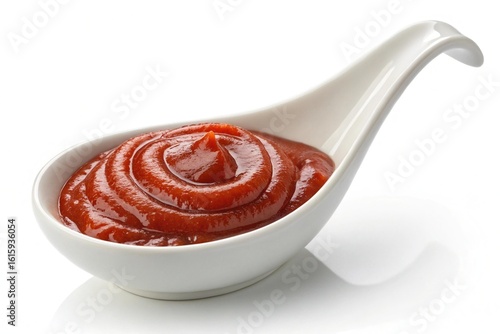 A swirl of rich red tomato ketchup in a white ceramic tasting spoon isolated on white background