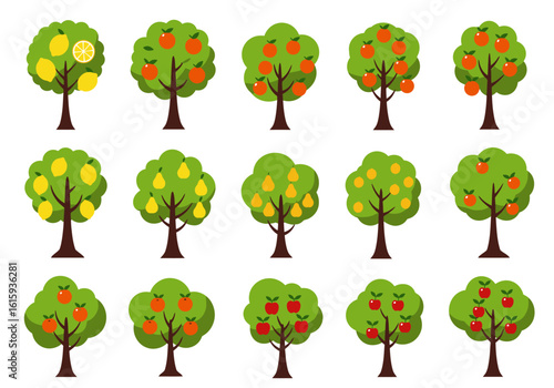 Rows of varied fruit treeslemons oranges pears  appleseach distinct in type and yield
