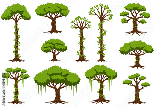 Set of vector illustrations shows twelve cartoon trees with green foliage and trunks