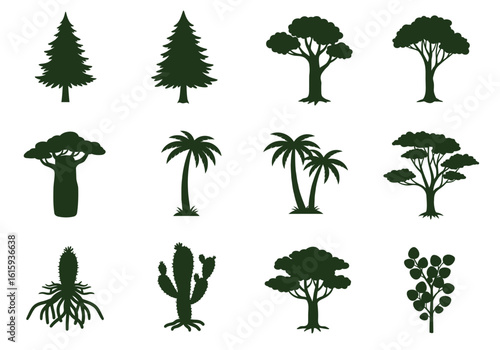 Silhouetted trees pines palms baobab and other arboreal silhouettes arranged on a white backdrop