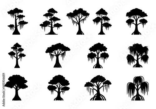 Silhouetted swamptype trees in rows showcasing distinct shapes  hanging details
