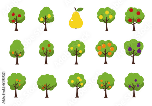 Trees bearing fruits apples oranges lemons pears plums