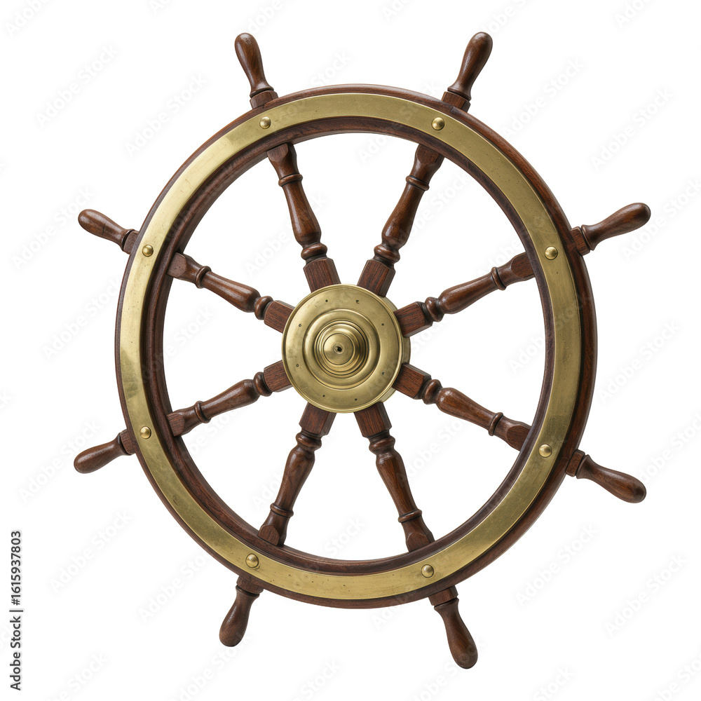 An ultra-realistic 3/4 view studio shot of an antique ship's steering wheel, crafted from highly polished dark mahogany with intricate brass accents and eight spokes, isolated on a transparent An ultra-realistic 3/4 view studio shot of an antique ship's steering wheel, crafted from highly polished dark mahogany with intricate brass accents and eight spokes, isolated on a transparent