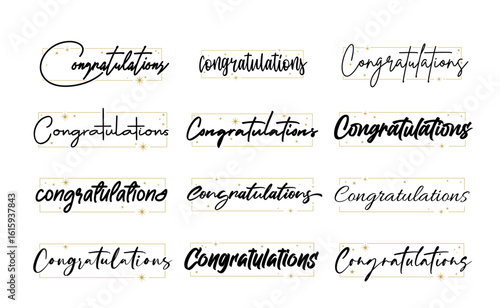 Congratulations message with stars inside a thin frame. Elegant typography congrats bundle.