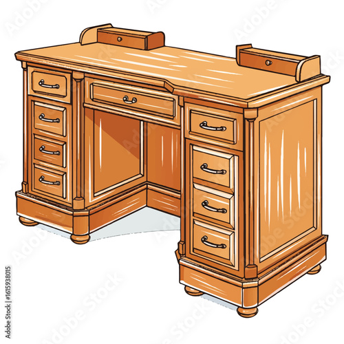 Detailed Wooden Desk with Drawers and Decorative Elements Angled View