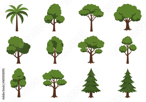Twelve cartoon tree icons of varying species in a 3x4 grid with green leaves and brown trunks on a white background