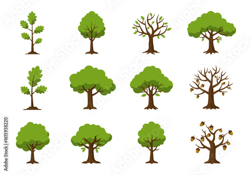 Twelve cartoon trees are depicted in various stages of growth and foliage arranged in a grid pattern