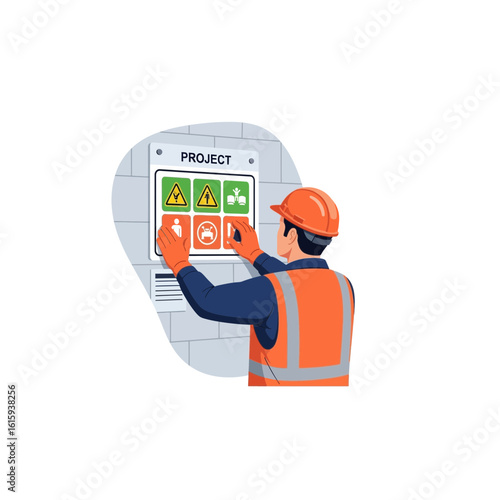 Construction Worker Posting Project Safety Sign on a Wall 11.svg