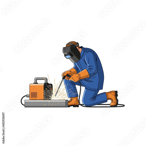 Professional welder in a protective uniform and mask performing arc welding on a metal structure, vector illustration.