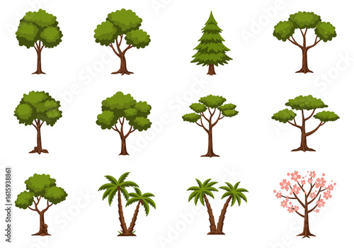 Twelve cartoon trees of various species arranged in a grid