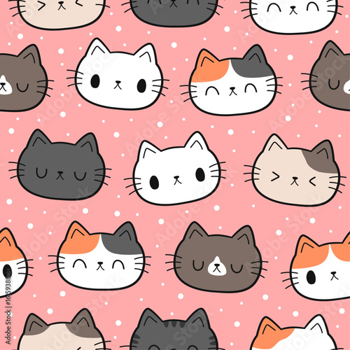 Seamless pattern with cute cartoon cat face on pink background for kids, Childish cat pattern for fabric and wrapping paper