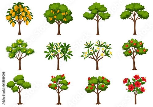 Twelve cartoon trees show varied foliage fruit and floral types